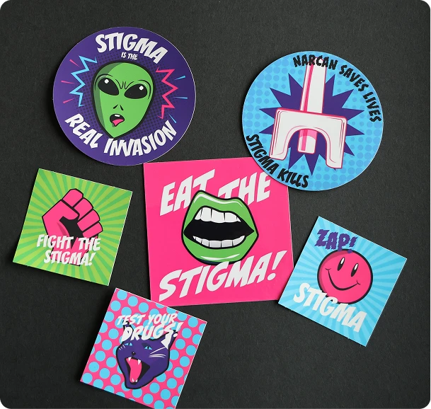 Stickers from The Everywhere Project, a Harm Reduction Org