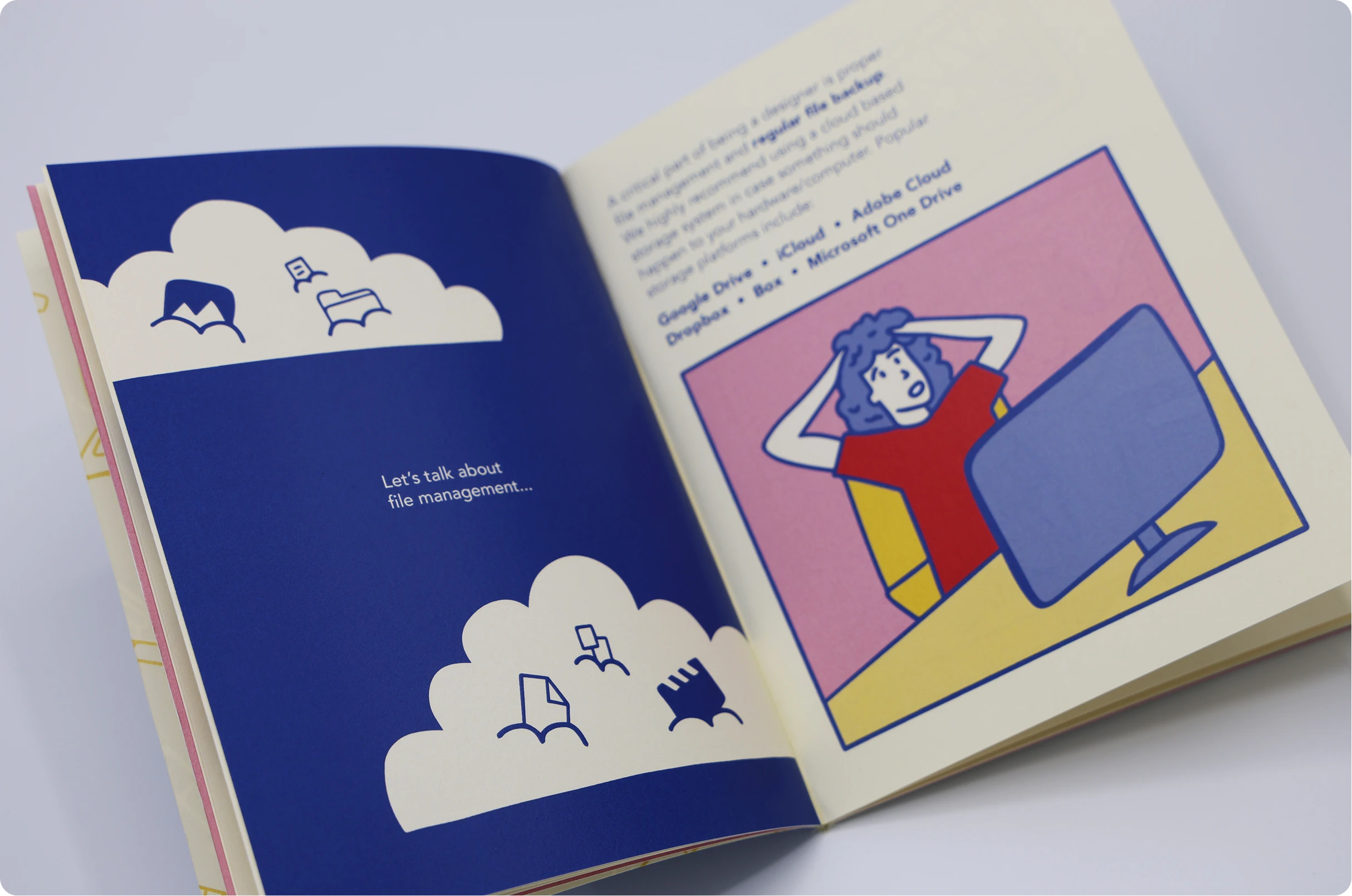 New Student Essentials Booklet open spread showing file management and illustration